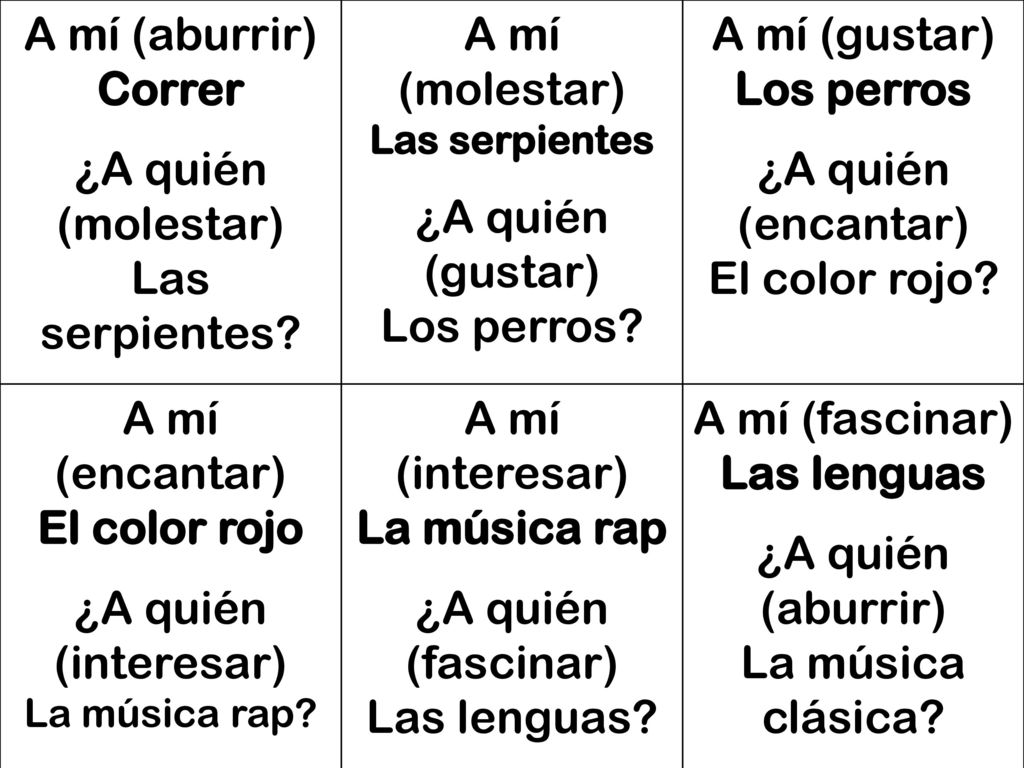 A mí (aburrir) Correr ¿A quién (molestar) Las serpientes