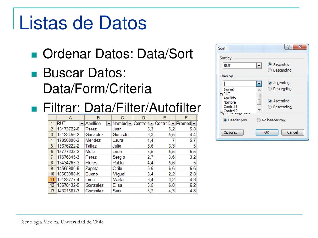 Listas de Datos Ordenar Datos: Data/Sort