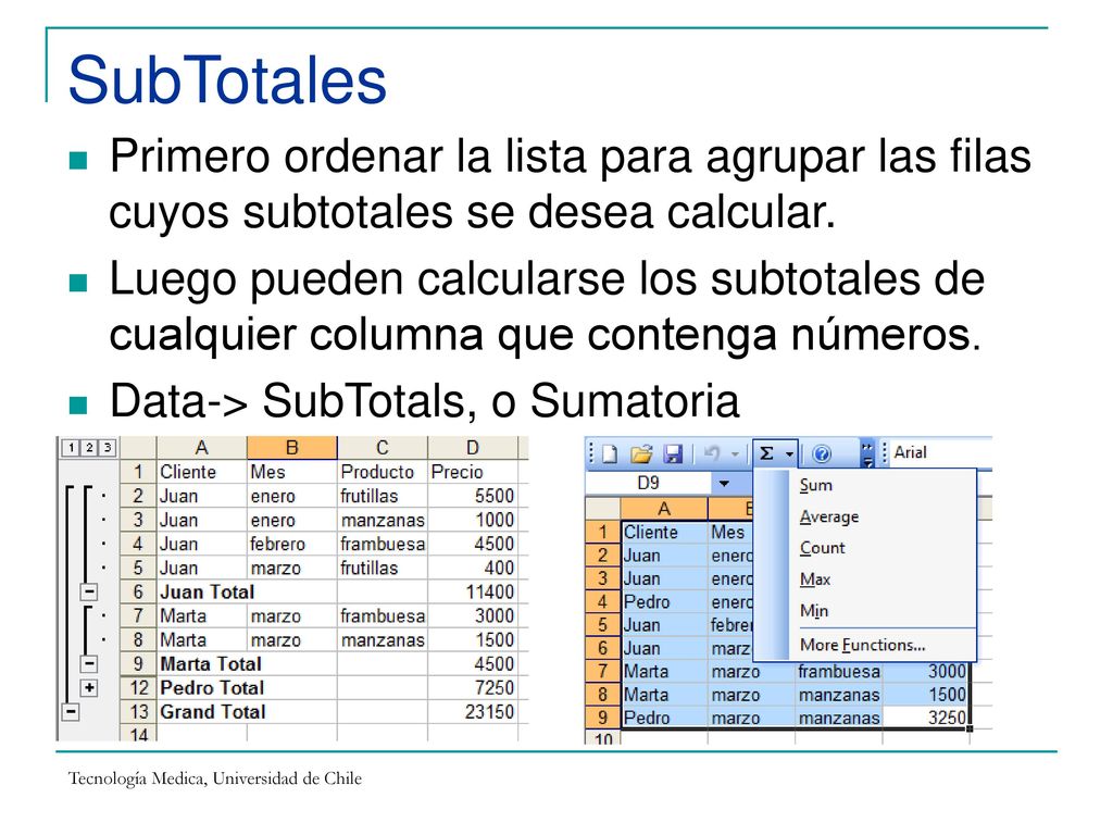 SubTotales Primero ordenar la lista para agrupar las filas cuyos subtotales se desea calcular.
