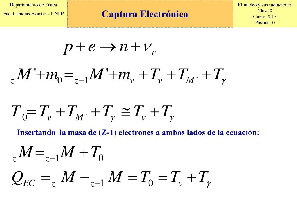 Captura Electrónica Insertando la masa de (Z-1) electrones a ambos lados de la ecuación: