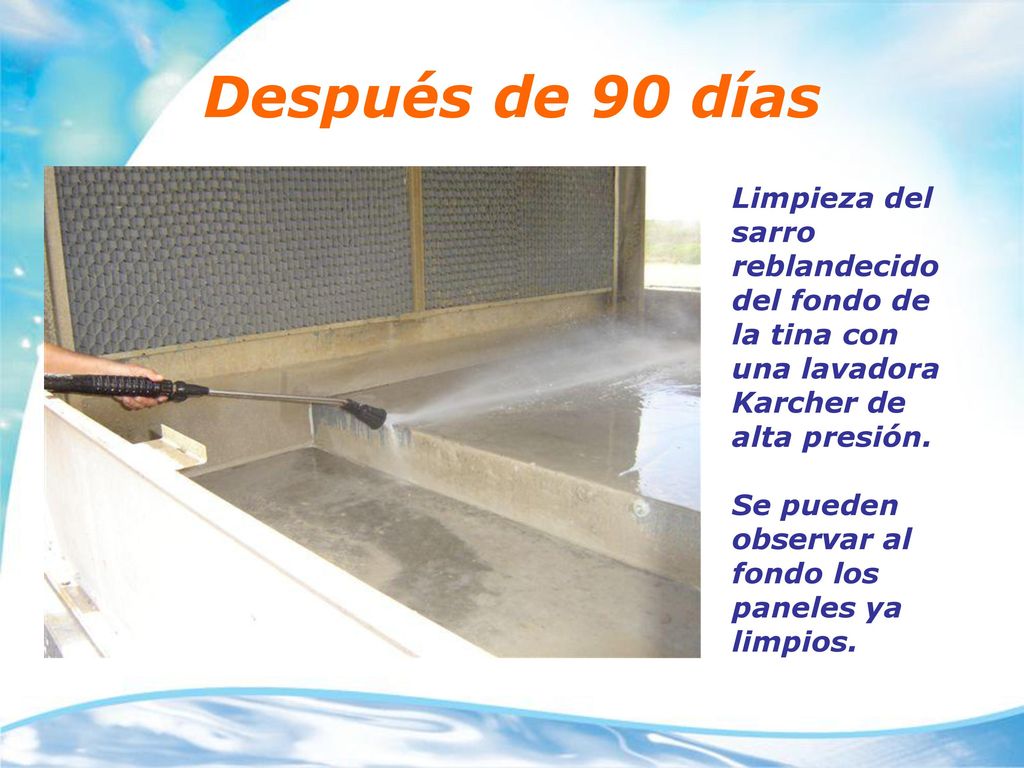 Después de 90 días Limpieza del sarro reblandecido del fondo de la tina con una lavadora Karcher de alta presión.