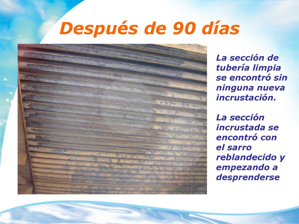 Después de 90 días La sección de tubería limpia se encontró sin ninguna nueva incrustación.
