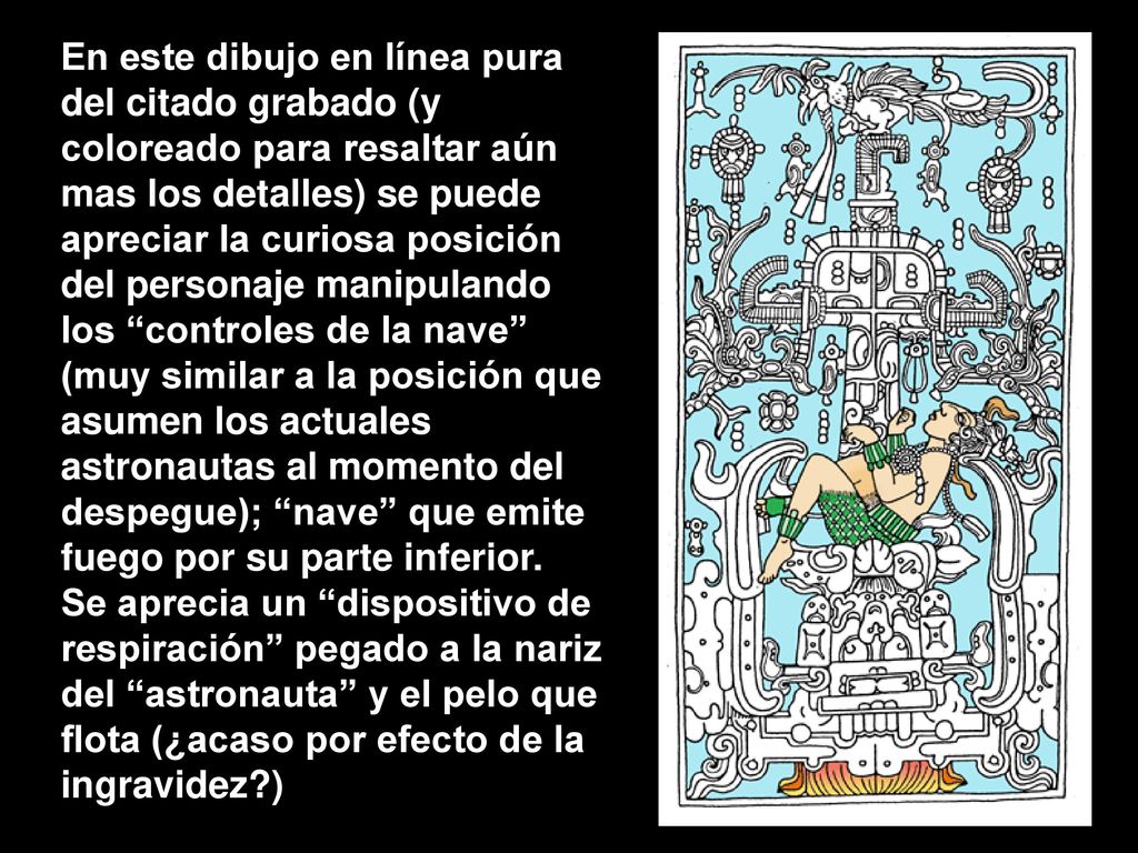 En este dibujo en línea pura del citado grabado (y coloreado para resaltar aún mas los detalles) se puede apreciar la curiosa posición del personaje manipulando los controles de la nave (muy similar a la posición que asumen los actuales astronautas al momento del despegue); nave que emite fuego por su parte inferior.