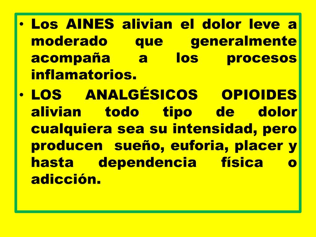 Los AINES alivian el dolor leve a moderado que generalmente acompaña a los procesos inflamatorios.