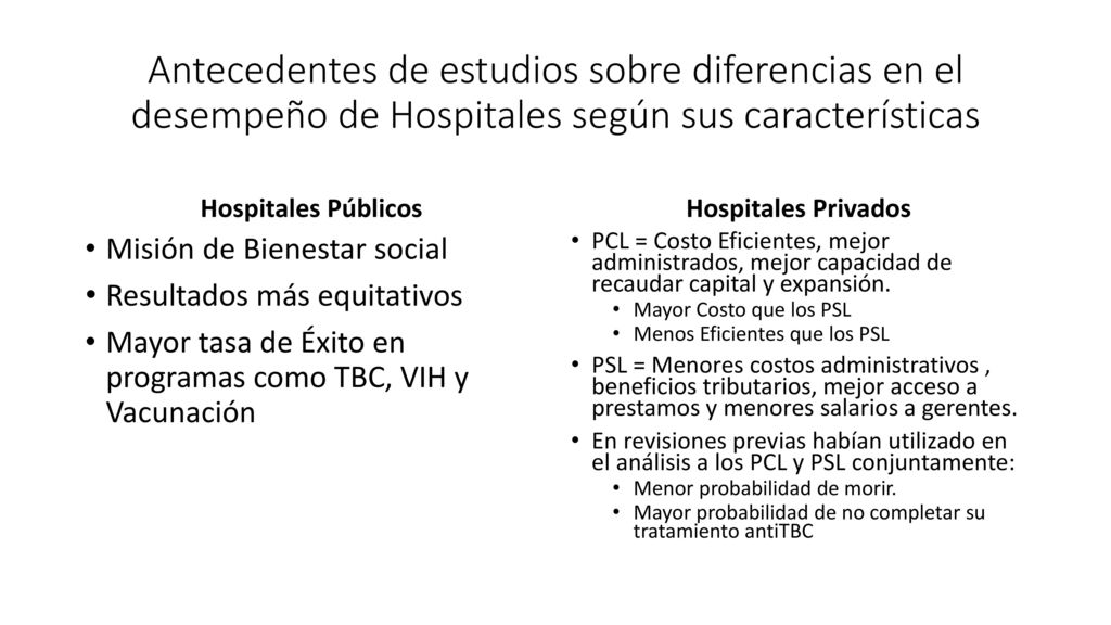 Antecedentes de estudios sobre diferencias en el desempeño de Hospitales según sus características
