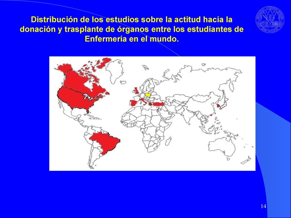 Distribución de los estudios sobre la actitud hacia la donación y trasplante de órganos entre los estudiantes de Enfermería en el mundo.