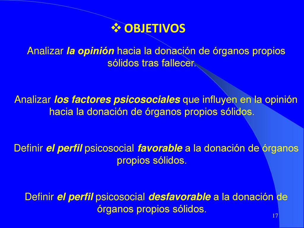OBJETIVOS Analizar la opinión hacia la donación de órganos propios sólidos tras fallecer.