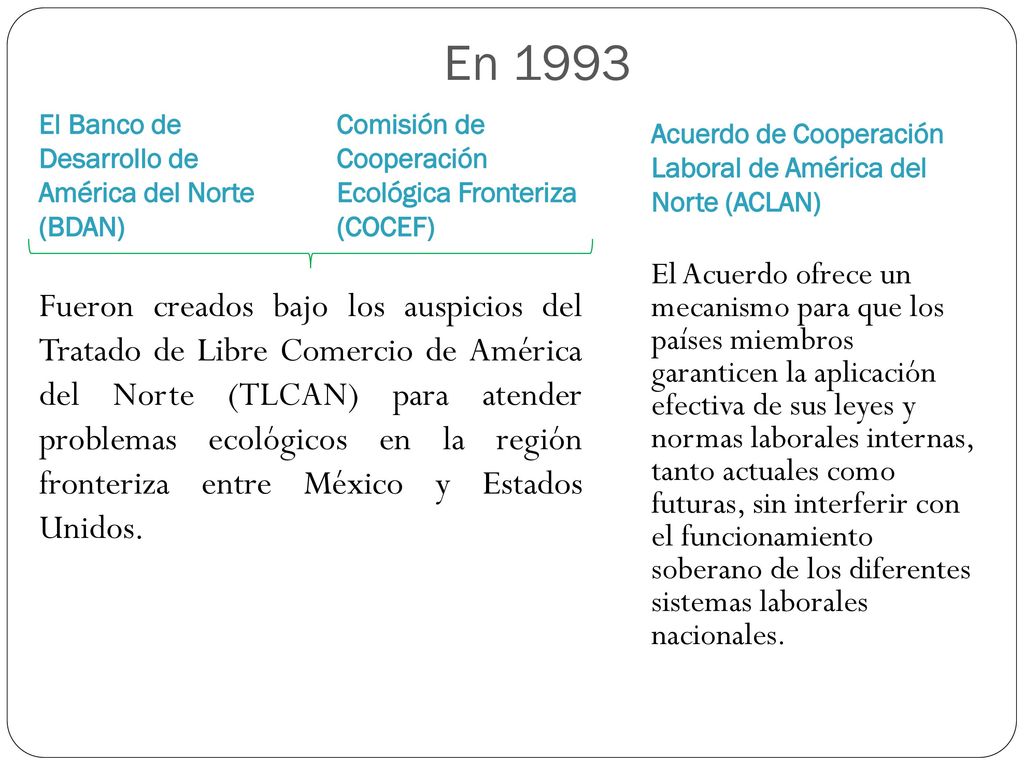 En 1993 El Banco de Desarrollo de América del Norte (BDAN) Comisión de Cooperación Ecológica Fronteriza (COCEF)