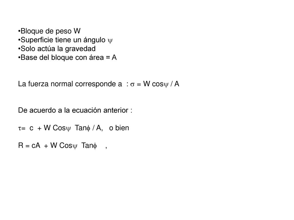Bloque de peso W Superficie tiene un ángulo  Solo actúa la gravedad. Base del bloque con área = A.