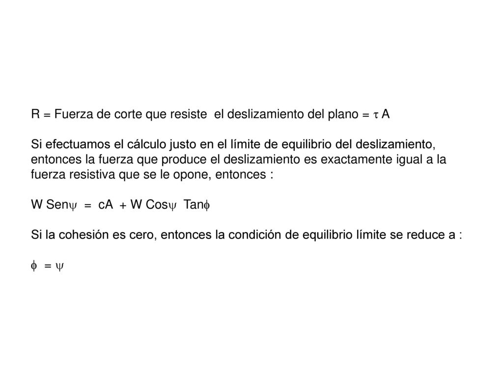 R = Fuerza de corte que resiste el deslizamiento del plano =  A