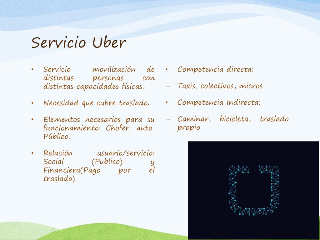 Servicio Uber Servicio movilización de distintas personas con distintas capacidades fisicas. Necesidad que cubre traslado.