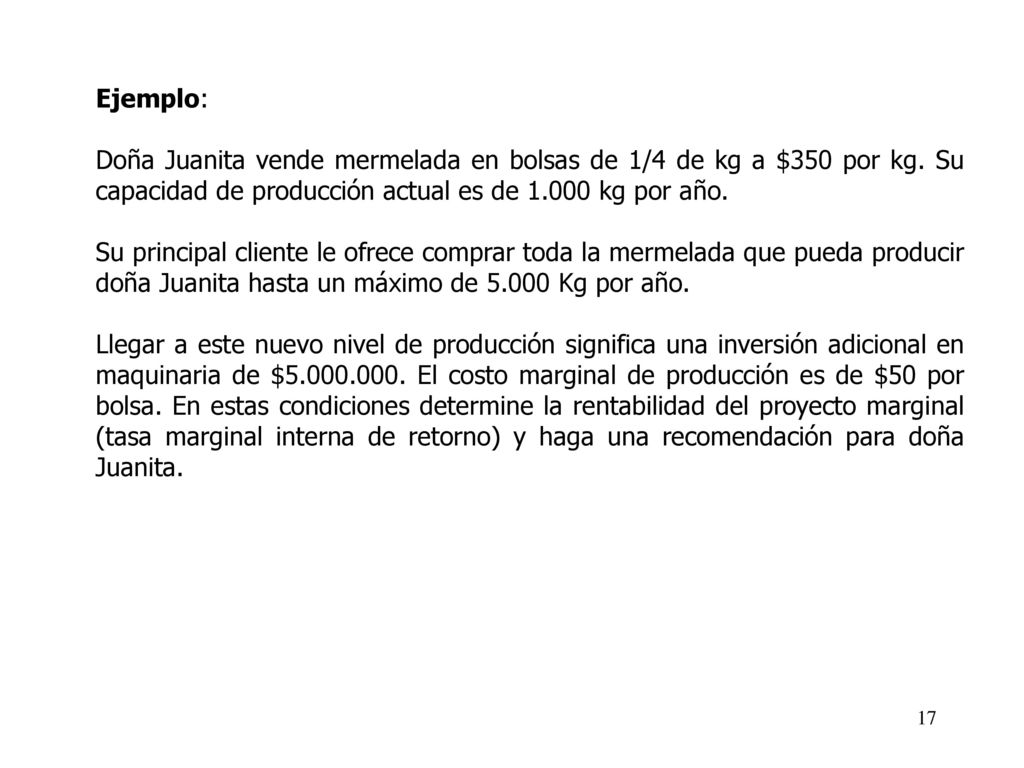 Ejemplo: Doña Juanita vende mermelada en bolsas de 1/4 de kg a $350 por kg. Su capacidad de producción actual es de kg por año.