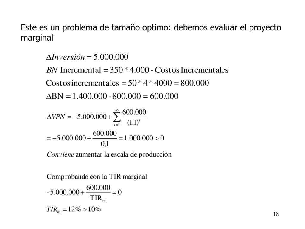 Este es un problema de tamaño optimo: debemos evaluar el proyecto marginal