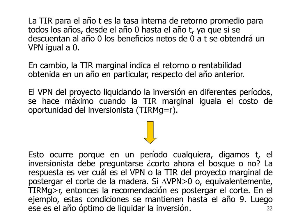 La TIR para el año t es la tasa interna de retorno promedio para todos los años, desde el año 0 hasta el año t, ya que si se descuentan al año 0 los beneficios netos de 0 a t se obtendrá un VPN igual a 0.