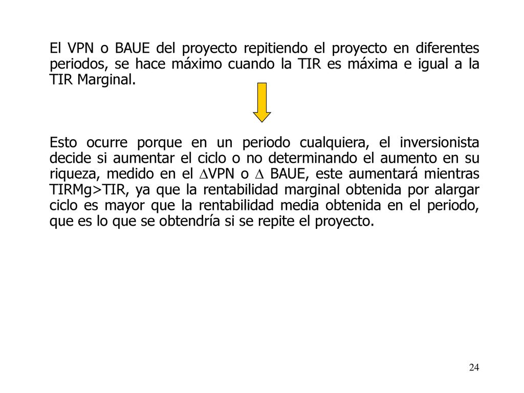 El VPN o BAUE del proyecto repitiendo el proyecto en diferentes periodos, se hace máximo cuando la TIR es máxima e igual a la TIR Marginal.