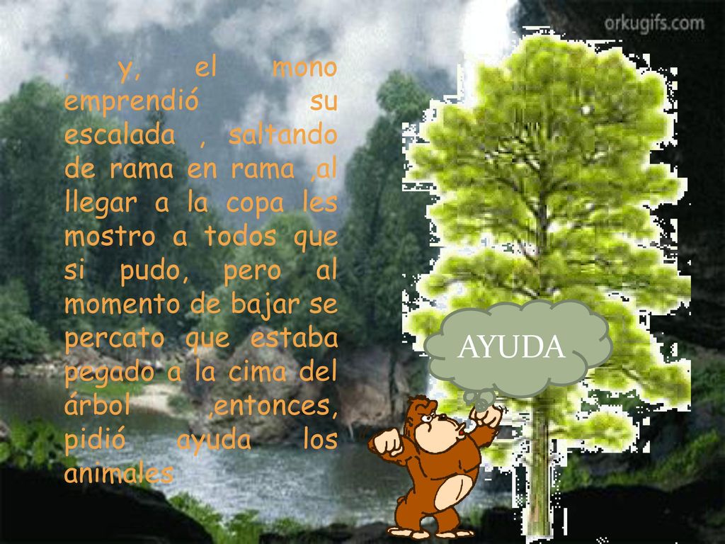 , y, el mono emprendió su escalada , saltando de rama en rama ,al llegar a la copa les mostro a todos que si pudo, pero al momento de bajar se percato que estaba pegado a la cima del árbol ,entonces, pidió ayuda los animales