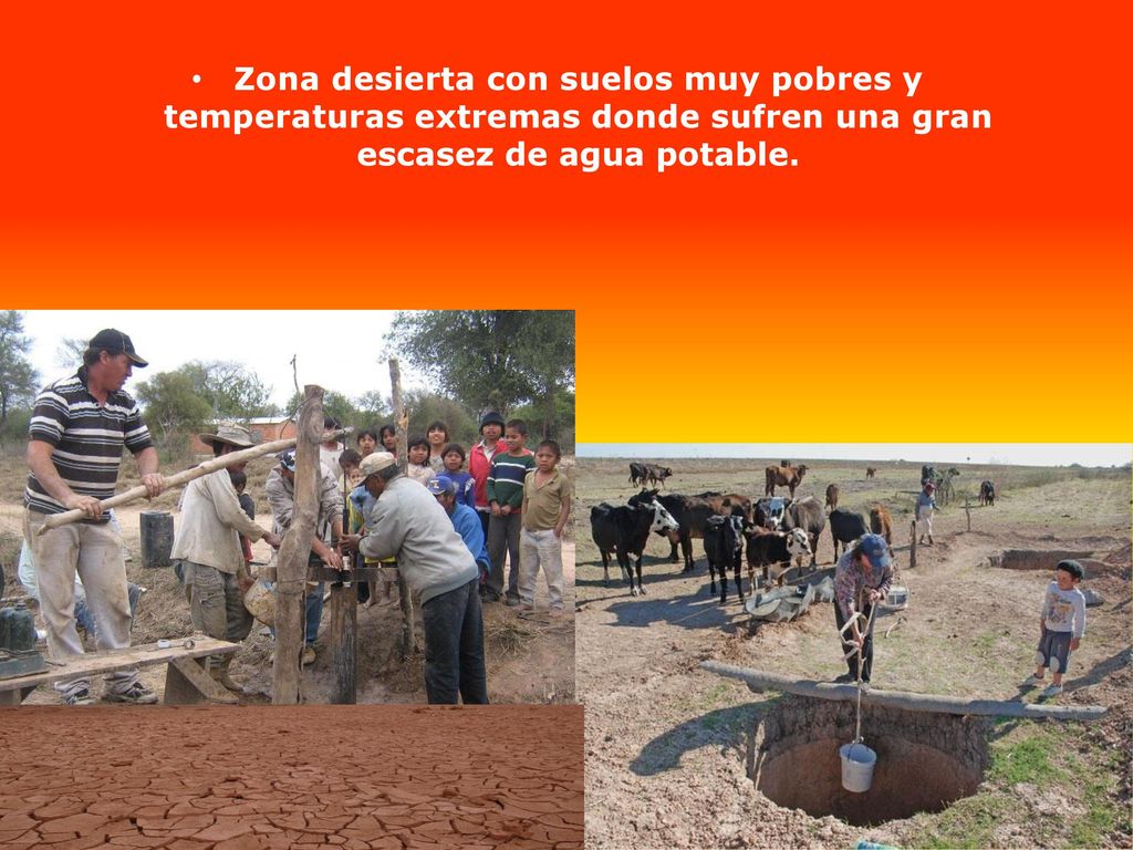 Zona desierta con suelos muy pobres y temperaturas extremas donde sufren una gran escasez de agua potable.