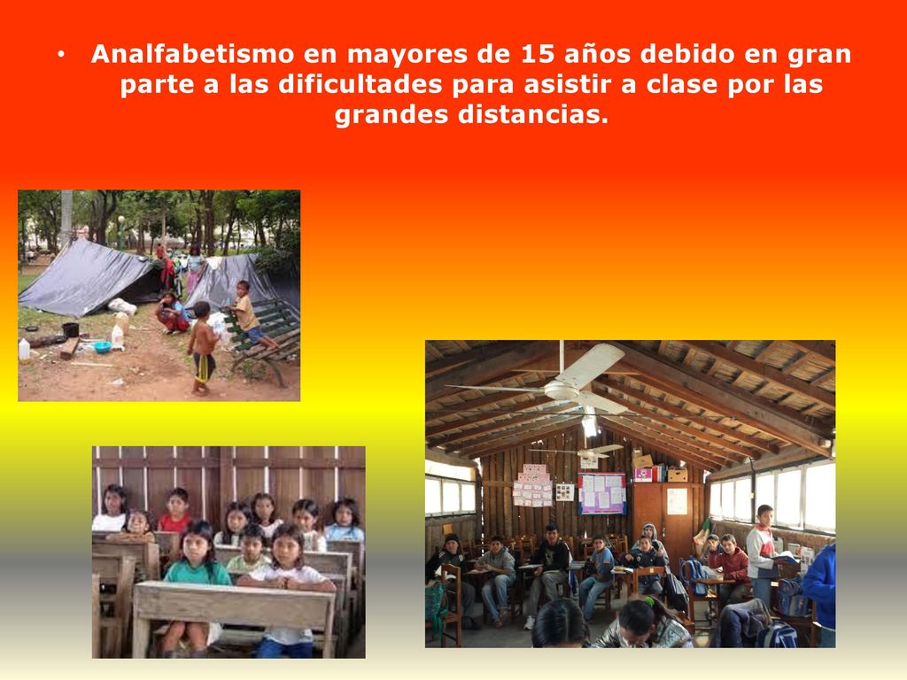Analfabetismo en mayores de 15 años debido en gran parte a las dificultades para asistir a clase por las grandes distancias.
