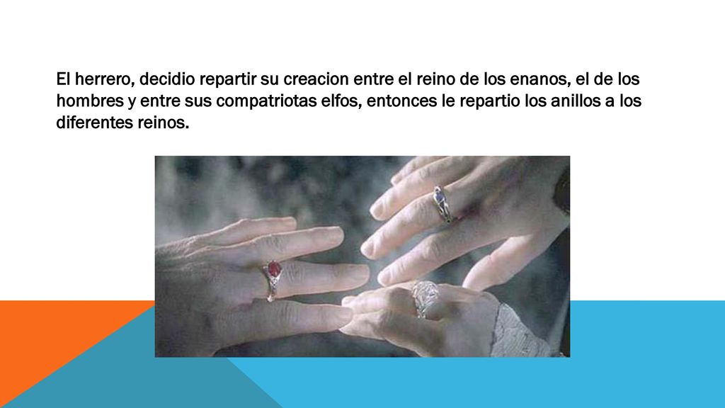 El herrero, decidio repartir su creacion entre el reino de los enanos, el de los hombres y entre sus compatriotas elfos, entonces le repartio los anillos a los diferentes reinos.