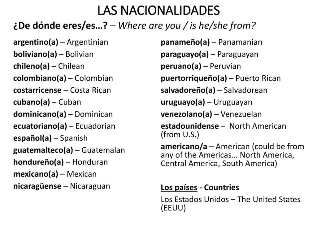 LAS NACIONALIDADES ¿De dónde eres/es… – Where are you / is he/she from argentino(a) – Argentinian.