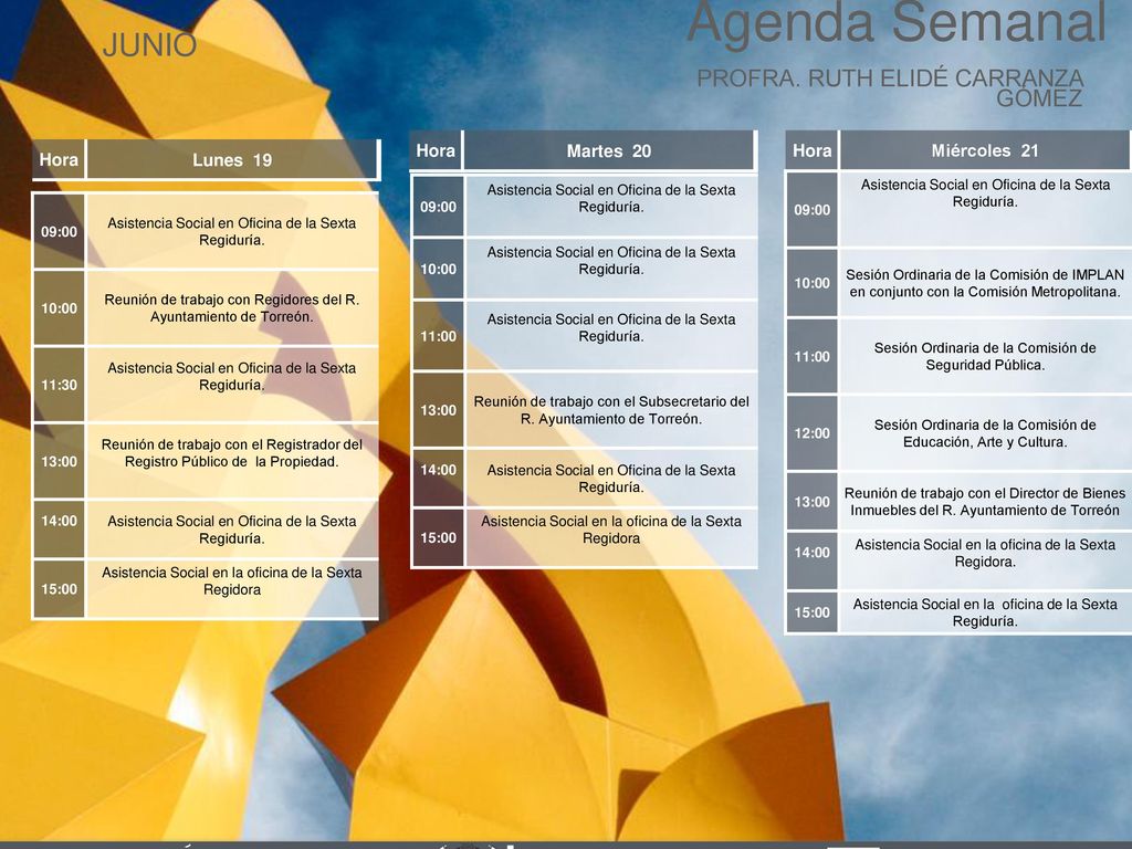 Agenda Semanal JUNIO Cabildo Torreón PROFRA. RUTH ELIDÉ CARRANZA GÓMEZ