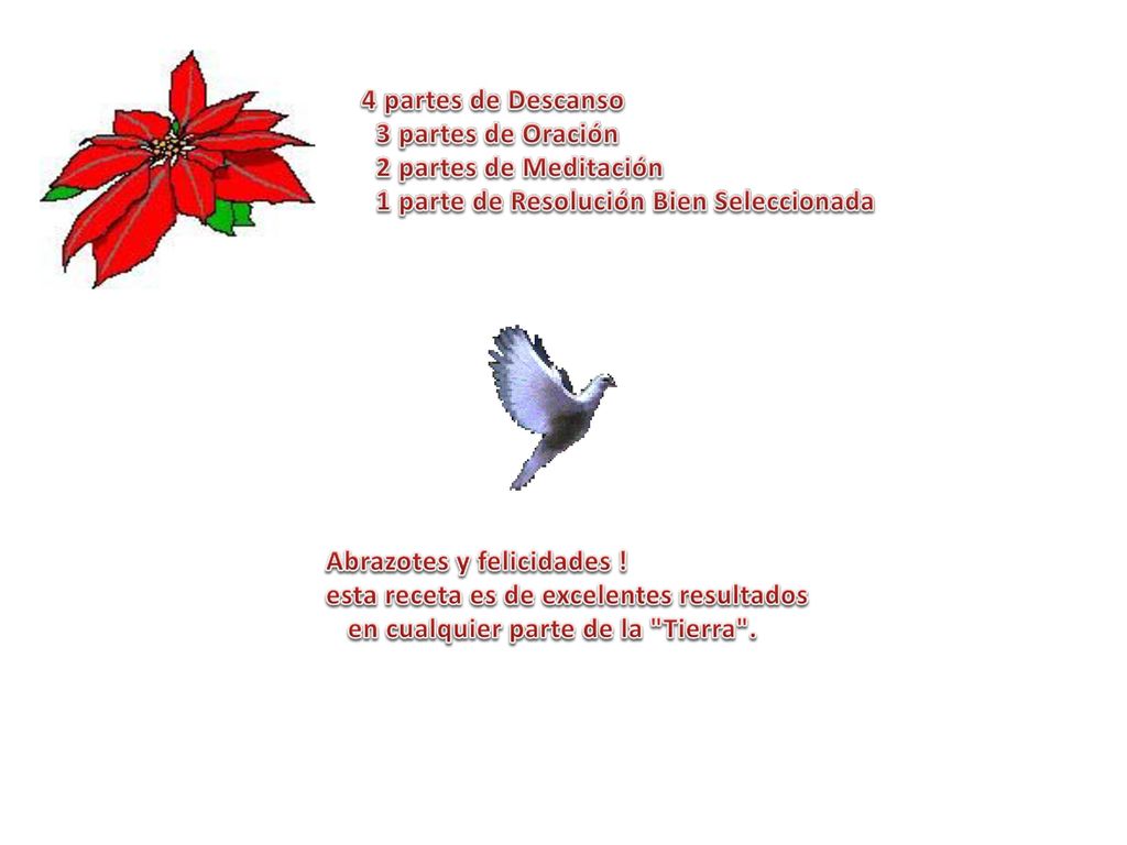 4 partes de Descanso 3 partes de Oración 2 partes de Meditación 1 parte de Resolución Bien Seleccionada