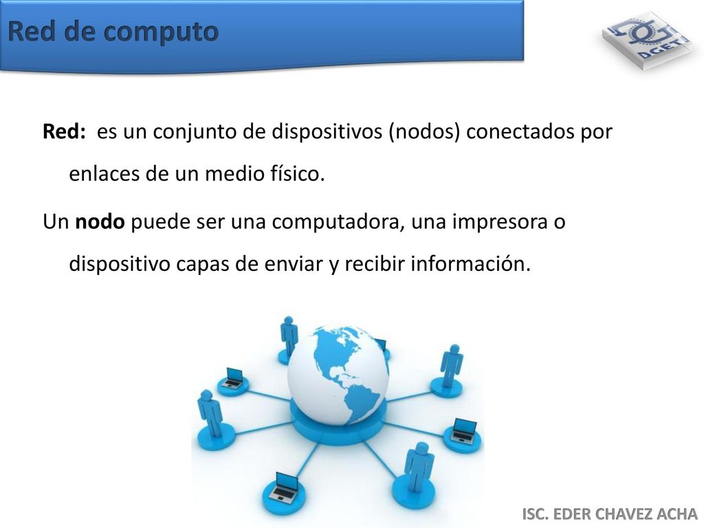 Red de computo Red: es un conjunto de dispositivos (nodos) conectados por enlaces de un medio físico.