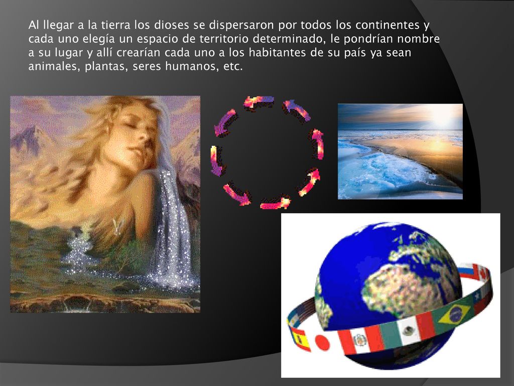 Al llegar a la tierra los dioses se dispersaron por todos los continentes y cada uno elegía un espacio de territorio determinado, le pondrían nombre a su lugar y allí crearían cada uno a los habitantes de su país ya sean animales, plantas, seres humanos, etc.