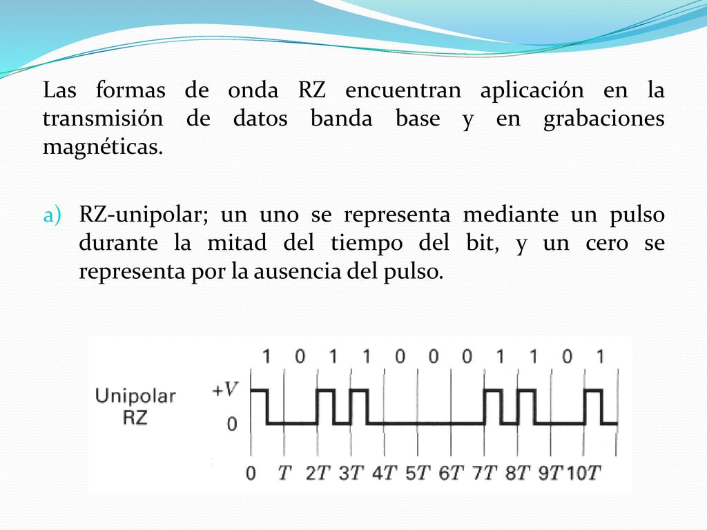 Las formas de onda RZ encuentran aplicación en la transmisión de datos banda base y en grabaciones magnéticas.