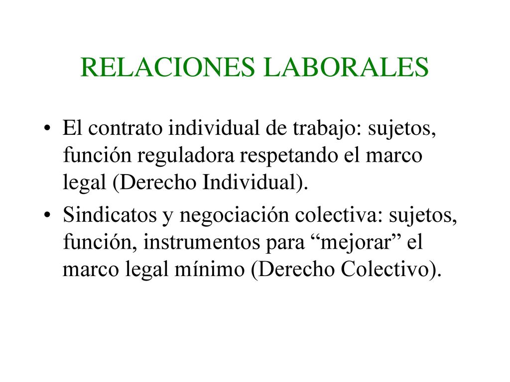 RELACIONES LABORALES El contrato individual de trabajo: sujetos, función reguladora respetando el marco legal (Derecho Individual).