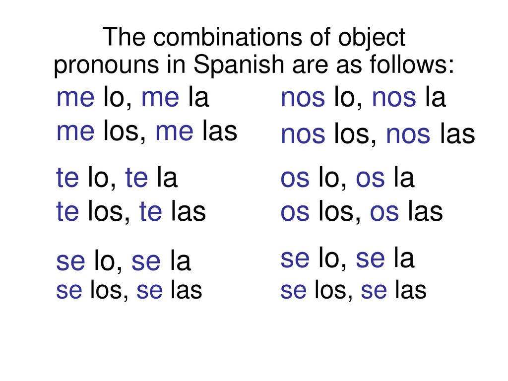 The combinations of object pronouns in Spanish are as follows: