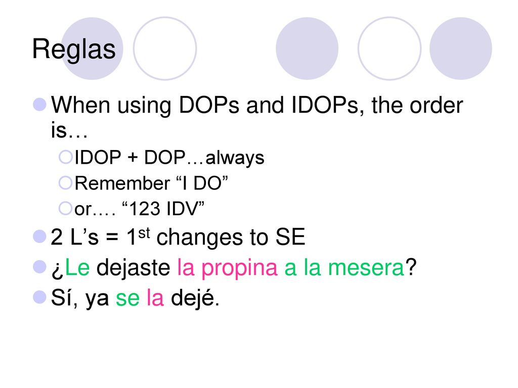 Reglas When using DOPs and IDOPs, the order is…