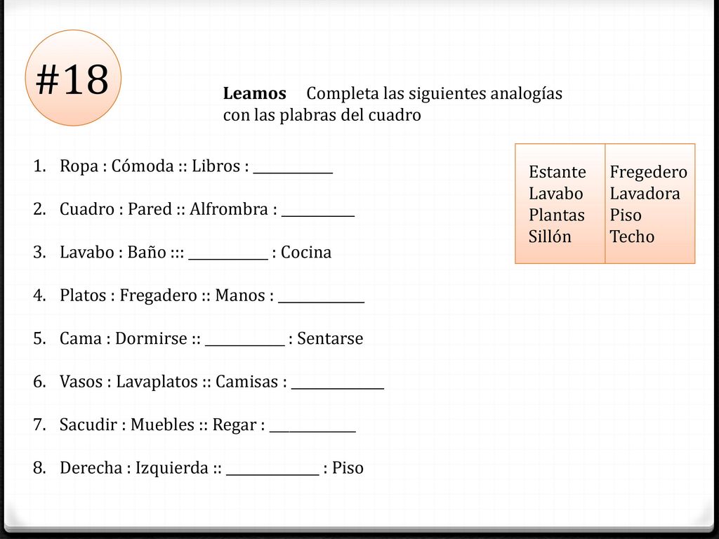 #18 Leamos Completa las siguientes analogías con las plabras del cuadro. Ropa : Cómoda :: Libros : ____________.