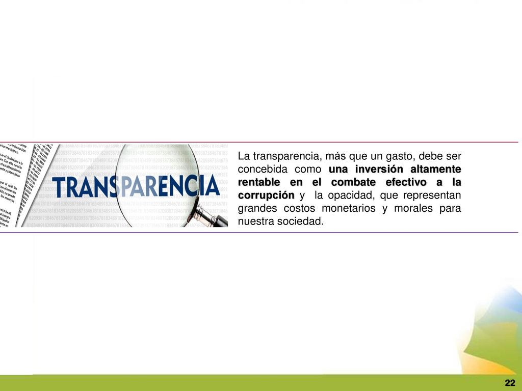 La transparencia, más que un gasto, debe ser concebida como una inversión altamente rentable en el combate efectivo a la corrupción y la opacidad, que representan grandes costos monetarios y morales para nuestra sociedad.