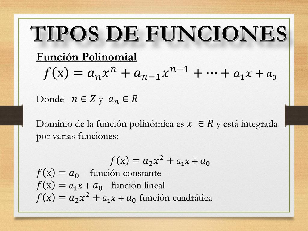 TIPOS DE FUNCIONES 𝑓 x = 𝑎 𝑛 𝑥 𝑛 + 𝑎 𝑛−1 𝑥 𝑛−1 +…+ 𝑎 1 𝑥+ 𝑎 0