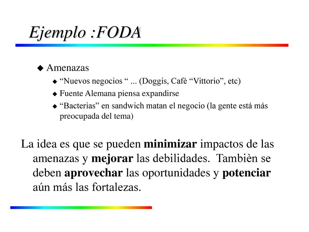 Ejemplo :FODA Amenazas. Nuevos negocios ... (Doggis, Cafè Vittorio , etc) Fuente Alemana piensa expandirse.