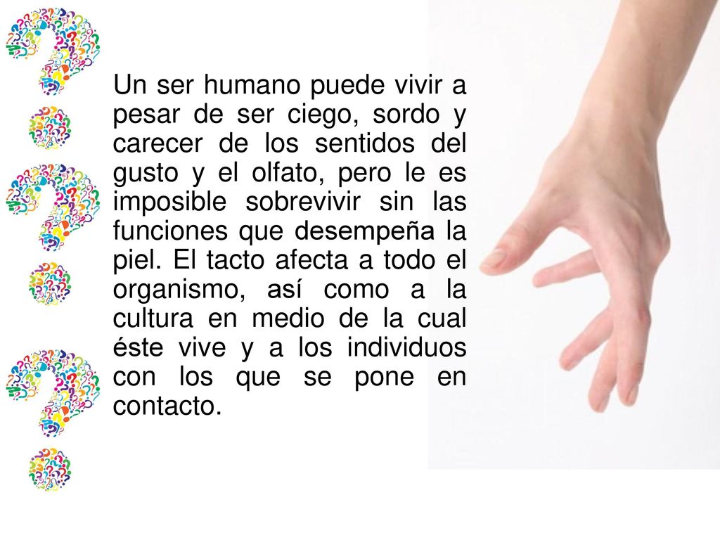 Un ser humano puede vivir a pesar de ser ciego, sordo y carecer de los sentidos del gusto y el olfato, pero le es imposible sobrevivir sin las funciones que desempeña la piel.