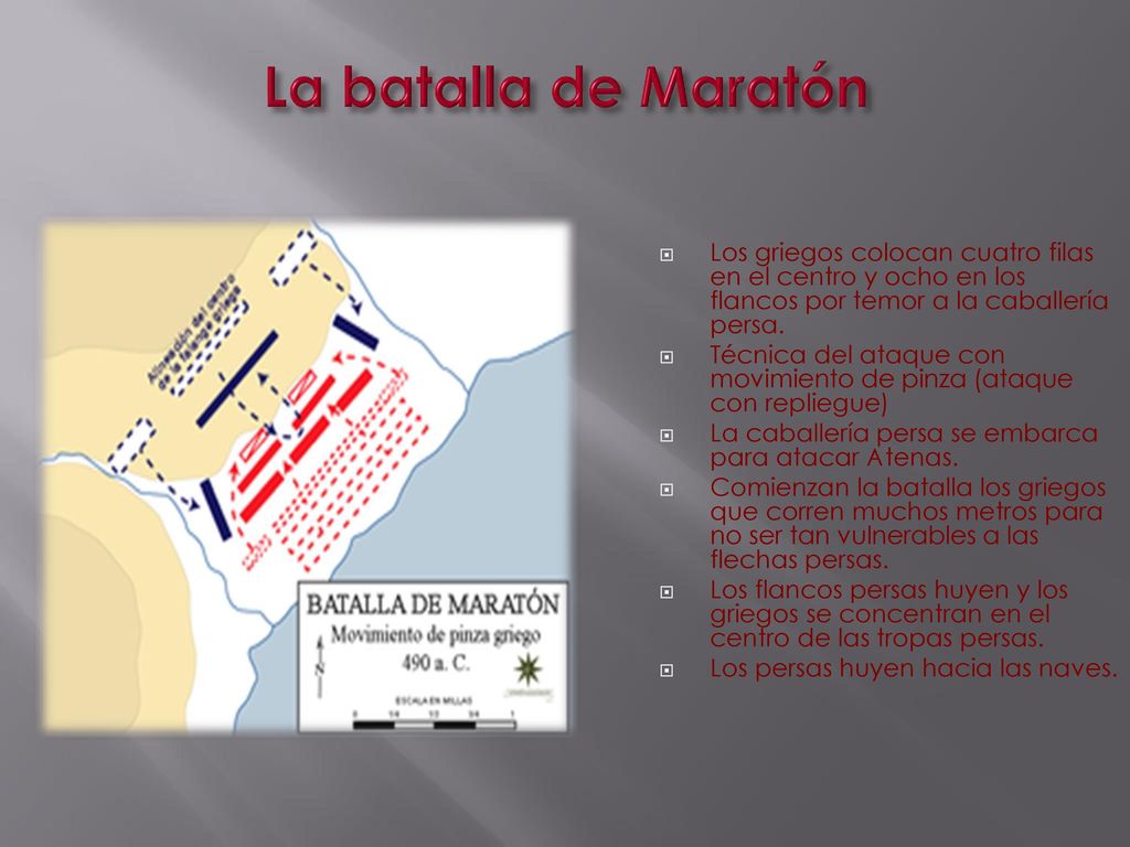 La batalla de Maratón Los griegos colocan cuatro filas en el centro y ocho en los flancos por temor a la caballería persa.