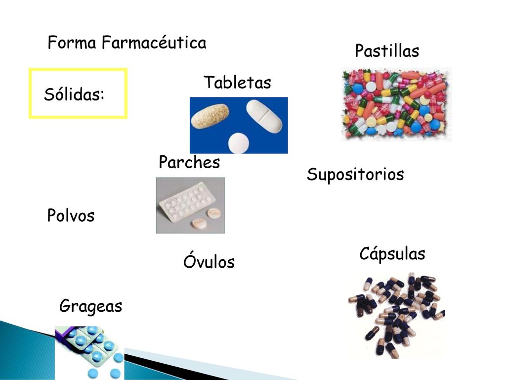 Forma Farmacéutica Pastillas Tabletas Sólidas: Parches Supositorios Polvos Cápsulas Óvulos Grageas