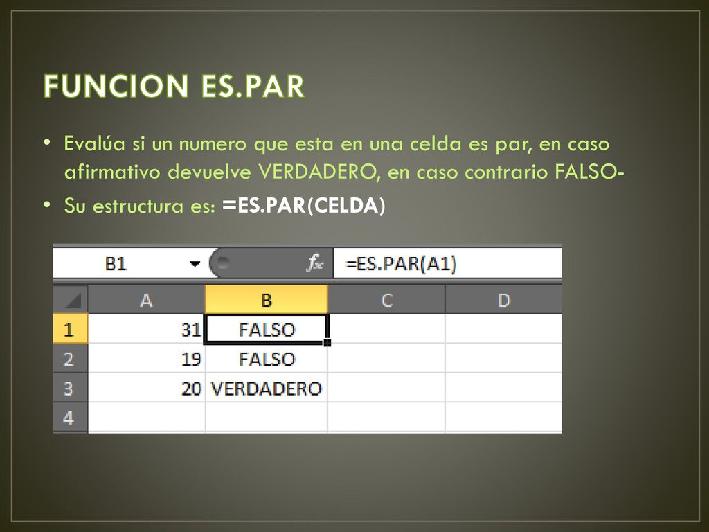 FUNCION ES.PAR Evalúa si un numero que esta en una celda es par, en caso afirmativo devuelve VERDADERO, en caso contrario FALSO-
