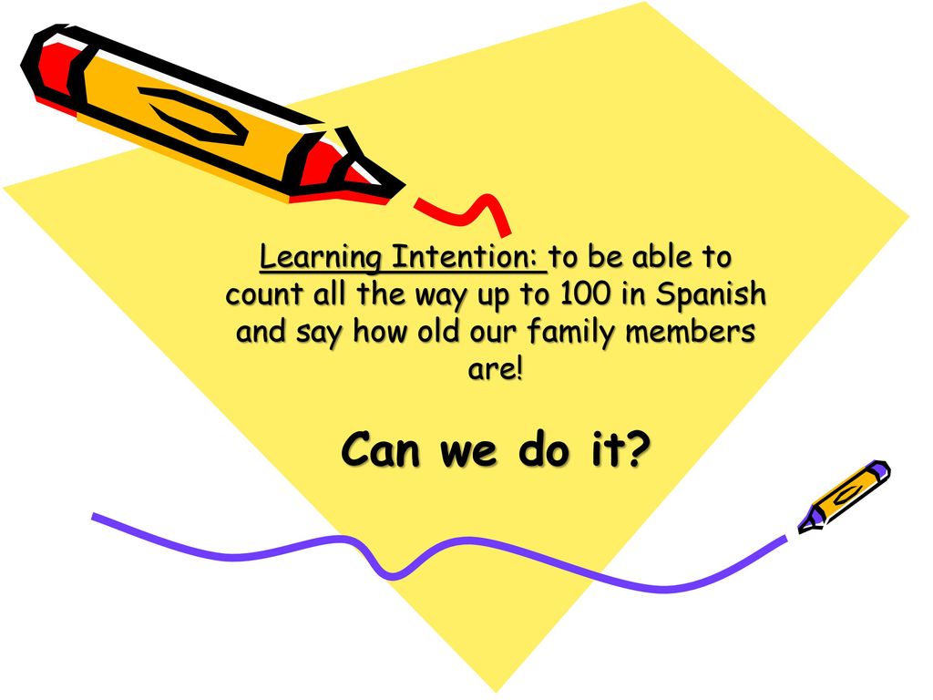 Learning Intention: to be able to count all the way up to 100 in Spanish and say how old our family members are!