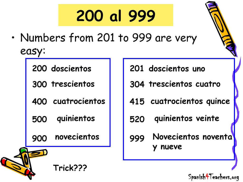 200 al 999 Numbers from 201 to 999 are very easy: 200 doscientos 201