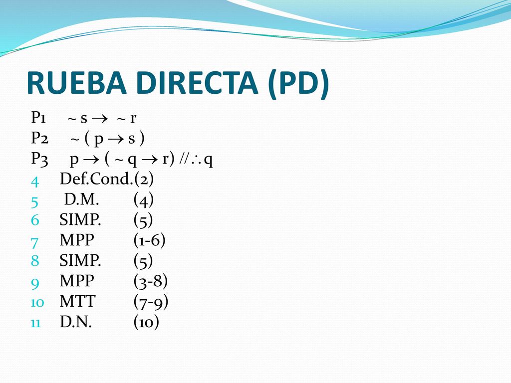 RUEBA DIRECTA (PD) P1 ~ s ® ~ r P2 ~ ( p ® s ) P3 p ® ( ~ q ® r) //\q