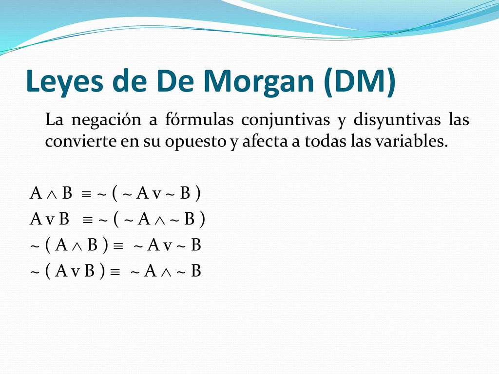 Leyes de De Morgan (DM) La negación a fórmulas conjuntivas y disyuntivas las convierte en su opuesto y afecta a todas las variables.