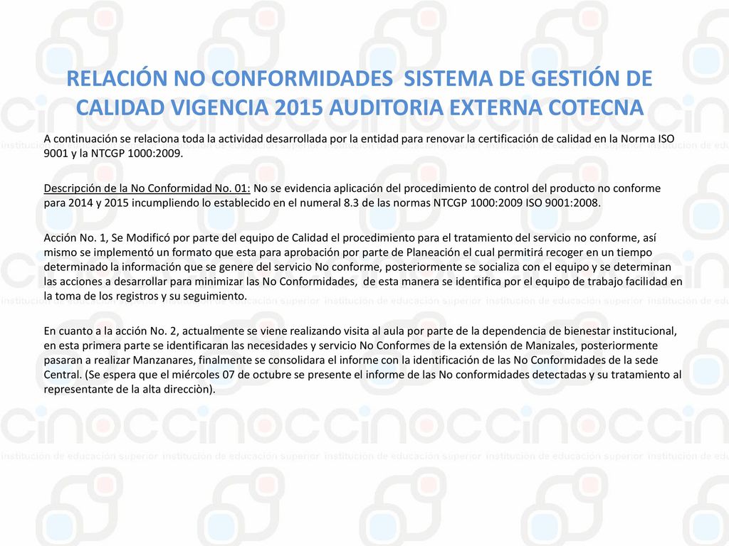 RELACIÓN NO CONFORMIDADES SISTEMA DE GESTIÓN DE CALIDAD VIGENCIA 2015 AUDITORIA EXTERNA COTECNA