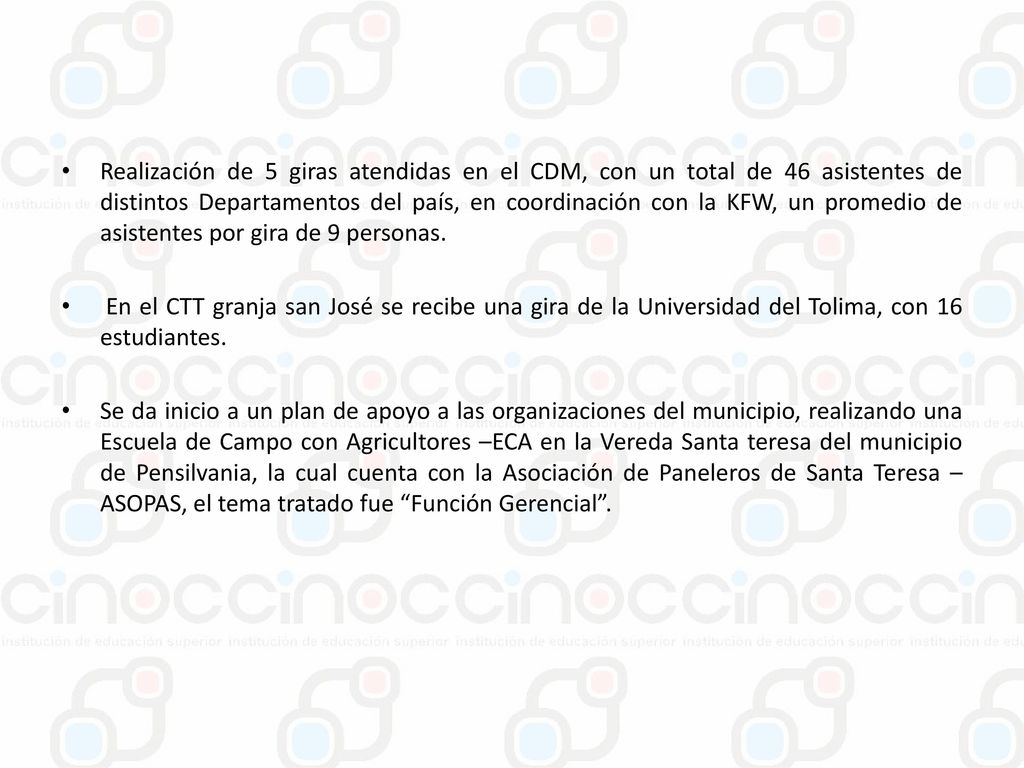 Realización de 5 giras atendidas en el CDM, con un total de 46 asistentes de distintos Departamentos del país, en coordinación con la KFW, un promedio de asistentes por gira de 9 personas.