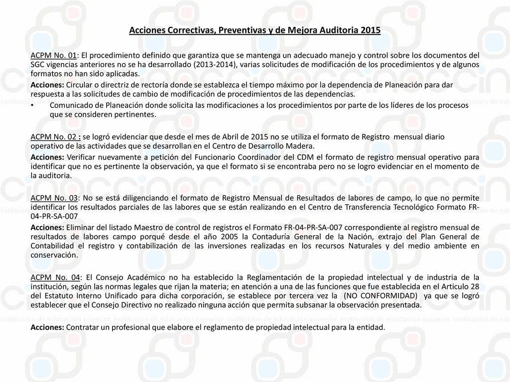 Acciones Correctivas, Preventivas y de Mejora Auditoria 2015
