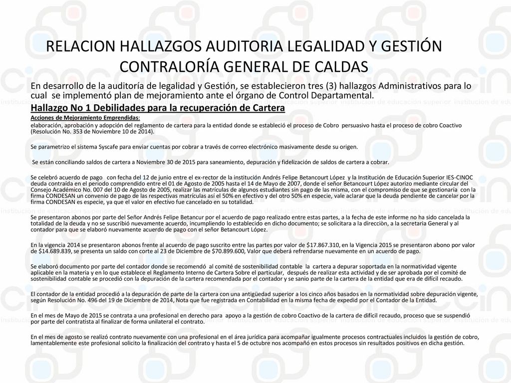 RELACION HALLAZGOS AUDITORIA LEGALIDAD Y GESTIÓN CONTRALORÍA GENERAL DE CALDAS