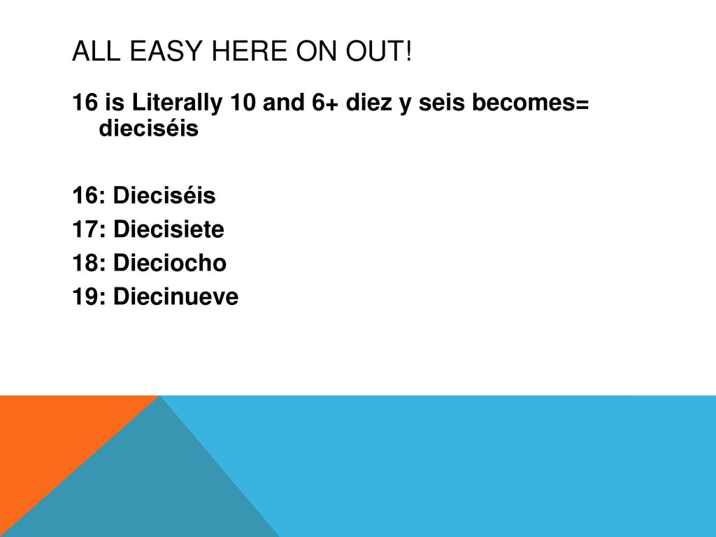 ALL EASY HERE ON OUT! 16 is Literally 10 and 6+ diez y seis becomes= dieciséis. 16: Dieciséis. 17: Diecisiete.