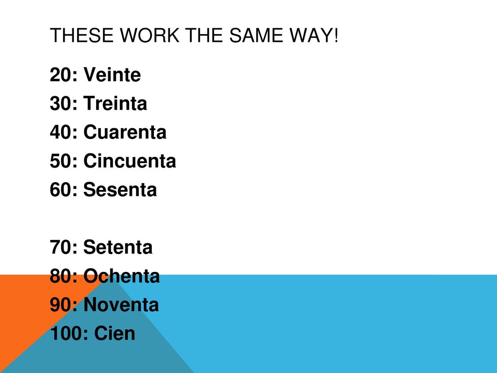 THESE WORK THE SAME WAY! 20: Veinte. 30: Treinta. 40: Cuarenta. 50: Cincuenta. 60: Sesenta. 70: Setenta.